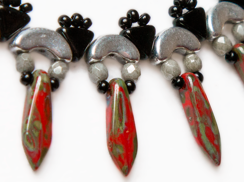 Elsa - DIY Beading Kit For Jewelry Making (Necklace&Earrings), Red Travertine Black Silver, Czech Glass Beads