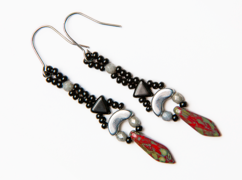 Elsa - DIY Beading Kit For Jewelry Making (Necklace&Earrings), Red Travertine Black Silver, Czech Glass Beads