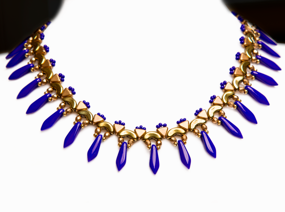 Elsa - DIY Beading Kit For Jewelry Making (Necklace&Earrings), Deep Blue Gold, Czech Glass Beads