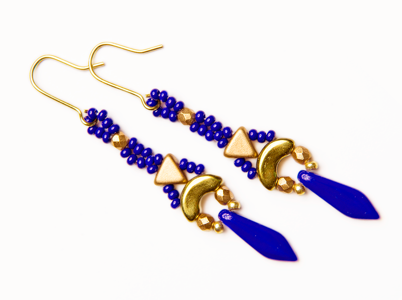 Elsa - DIY Beading Kit For Jewelry Making (Necklace&Earrings), Deep Blue Gold, Czech Glass Beads