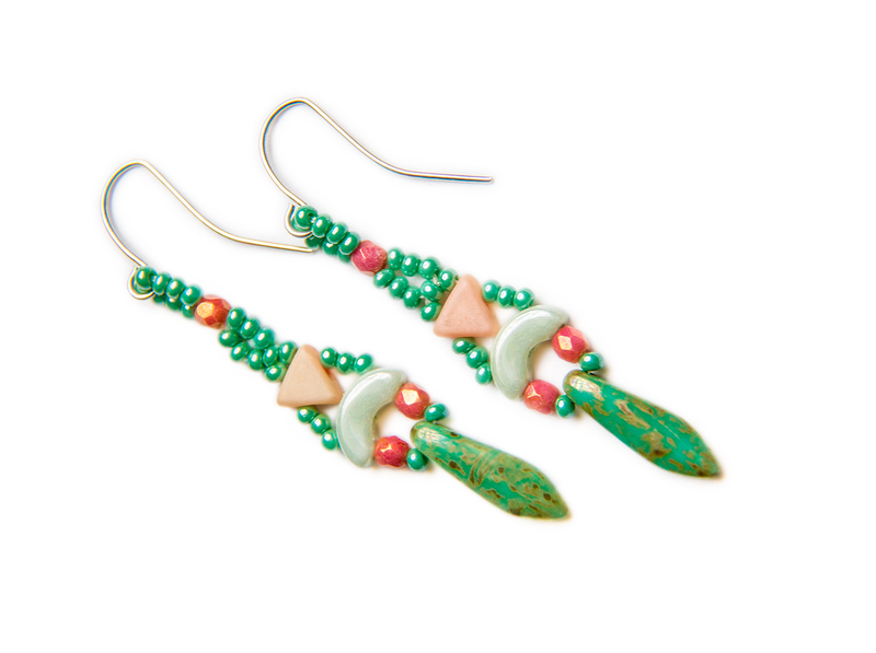 Elsa - DIY Beading Kit For Jewelry Making (Necklace&Earrings), Green White Pink, Czech Glass Beads