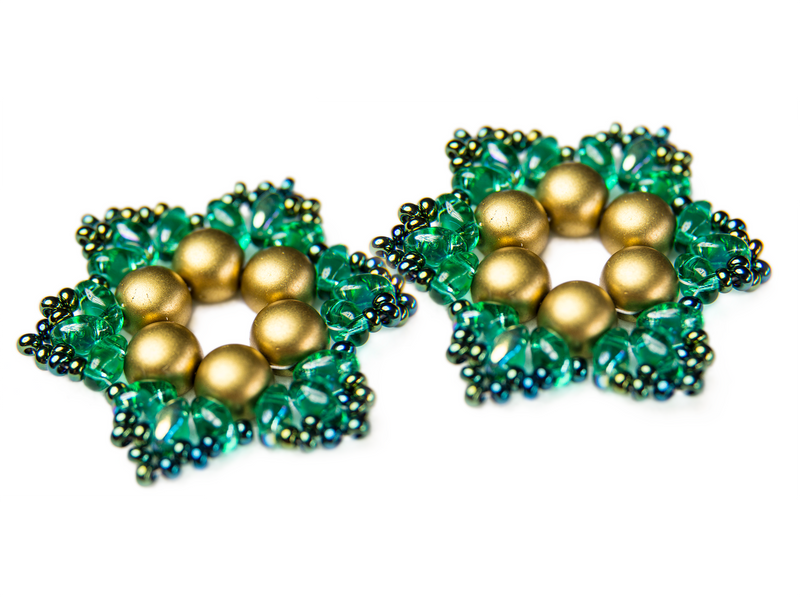 Exclusive DIY Beading Kit For Making Jewelry Snowflake 2pcs, Gold Green, Czech Glass Beads