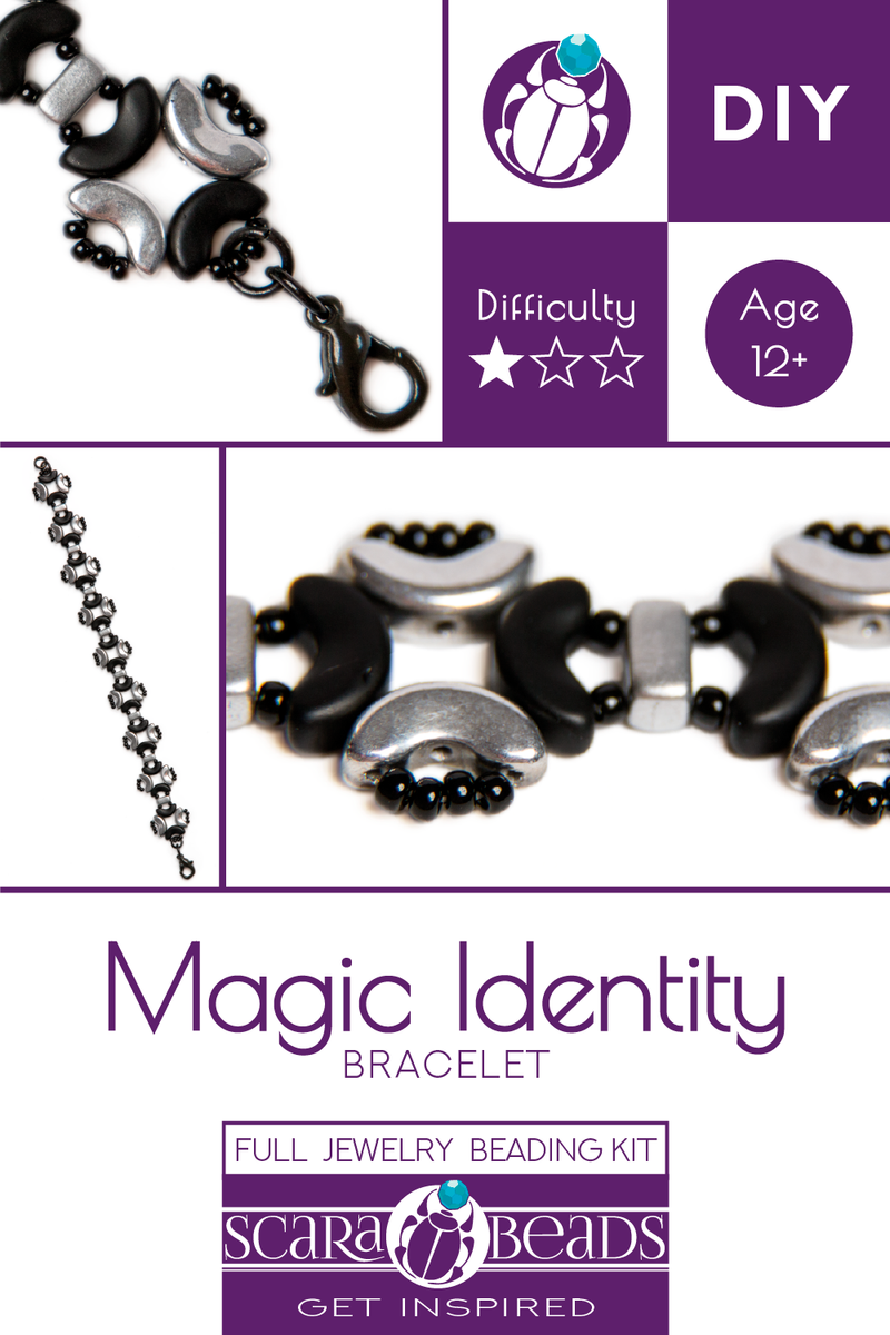 DIY Beading Kit for Jewelry Making (Bracelet) Magic Identity, Silver Black, Czech Glass Beads