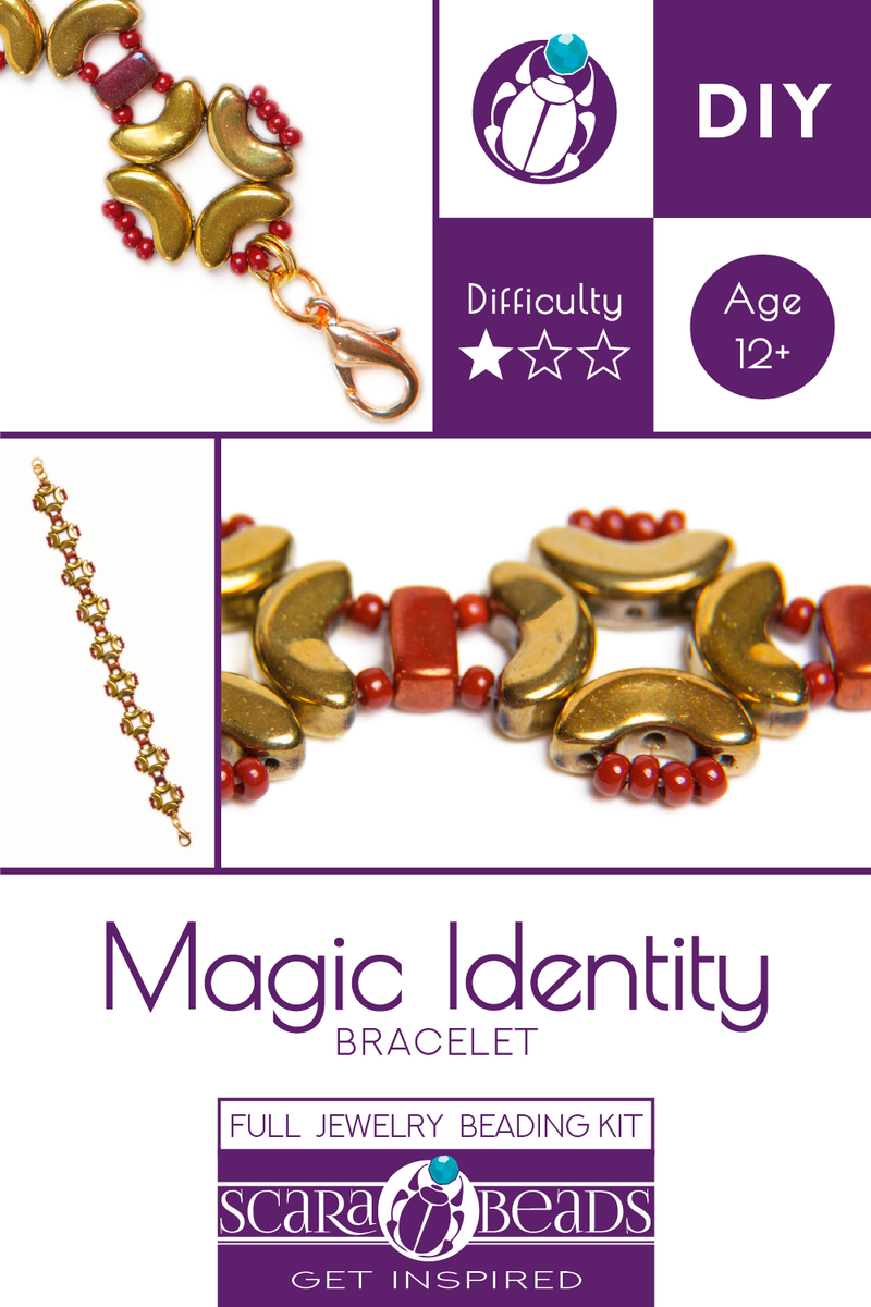1 pc DIY Beading Kit for Jewelry Making (Bracelet) Magic Identity, Gold Red, Czech Glass Beads