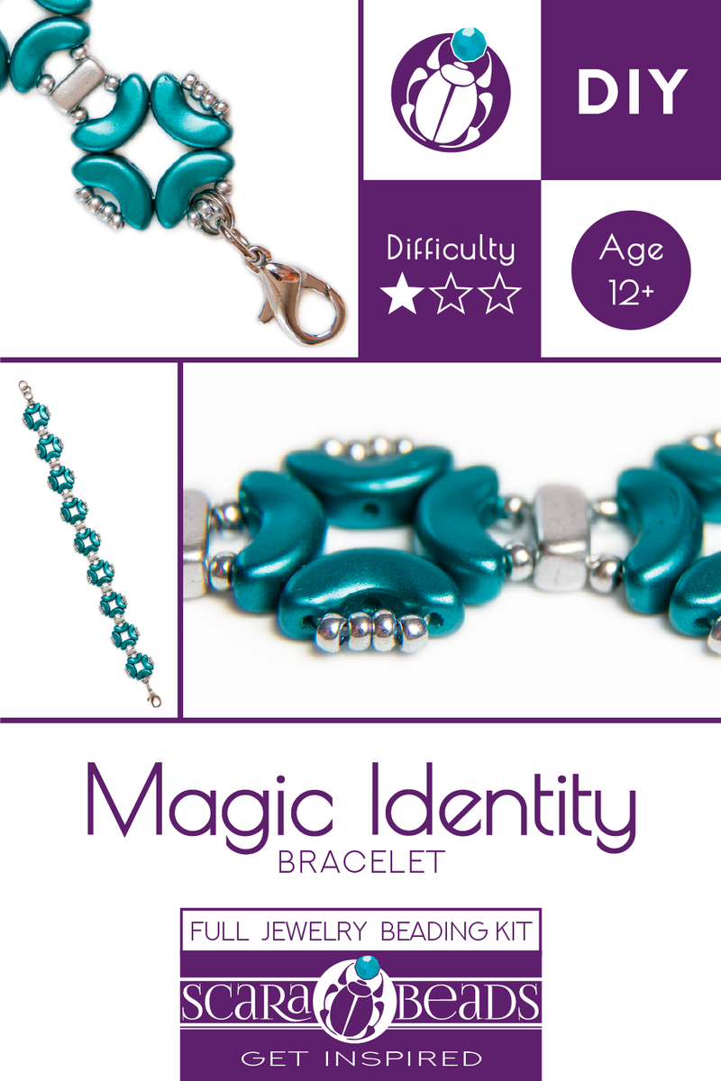 1 pc DIY Beading Kit for Jewelry Making (Bracelet) Magic Identity, Turquoise Silver, Czech Glass Beads