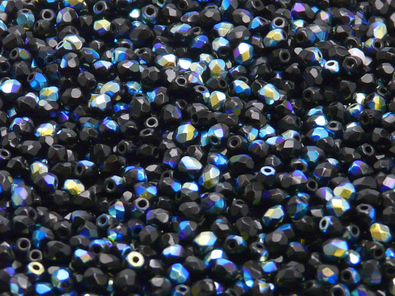 100 pcs Fire Polished Faceted Beads Round, 3mm, Jet Black AB, Czech Glass