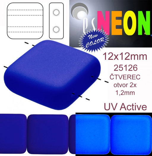 7 pcs 2-hole Tile NEON Beads, 12x12x4.5mm, Dark Blue, Czech Glass