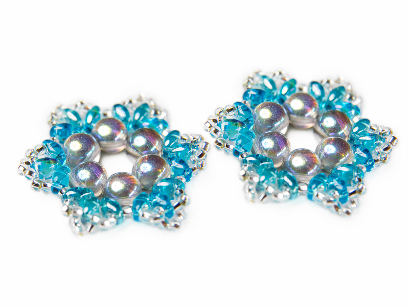 Exclusive DIY Beading Kit For Making Jewelry Snowflake 2pcs, Aqua Silver, Czech Glass Beads