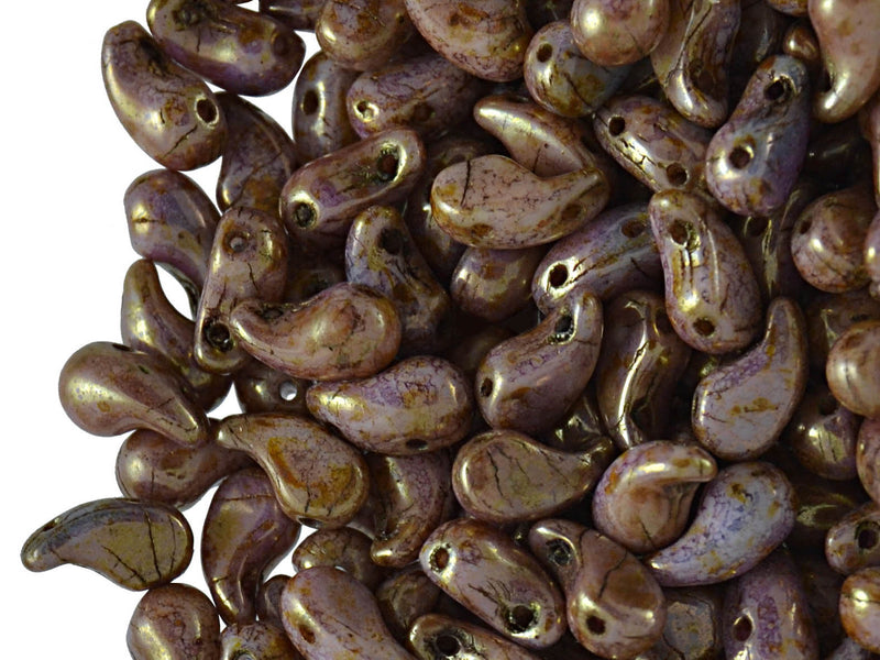20 pcs 2-hole ZoliDuo® Left Pressed Beads, 5x8mm, Alabaster Senegal Brown Purple, Czech Glass