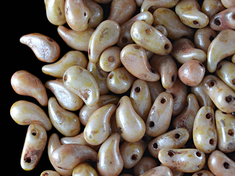 20 pcs 2-hole ZoliDuo® Left Pressed Beads, 5x8mm, Alabaster White Drizzled Honey Luster, Czech Glass