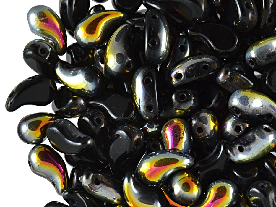 20 pcs 2-hole ZoliDuo® Left Pressed Beads, 5x8mm, Jet Marea, Czech Glass