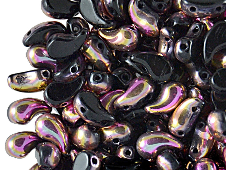 20 pcs 2-hole ZoliDuo® Left Pressed Beads, 5x8mm, Jet Gold Capri, Czech Glass