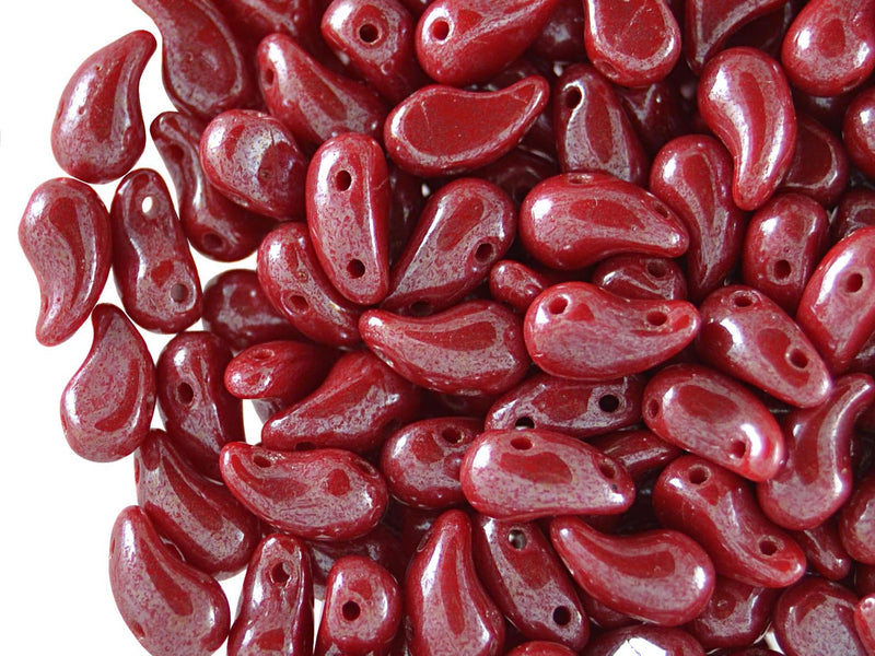 20 pcs 2-hole ZoliDuo® Left Pressed Beads, 5x8mm, Opaque Coral Red White Luster, Czech Glass
