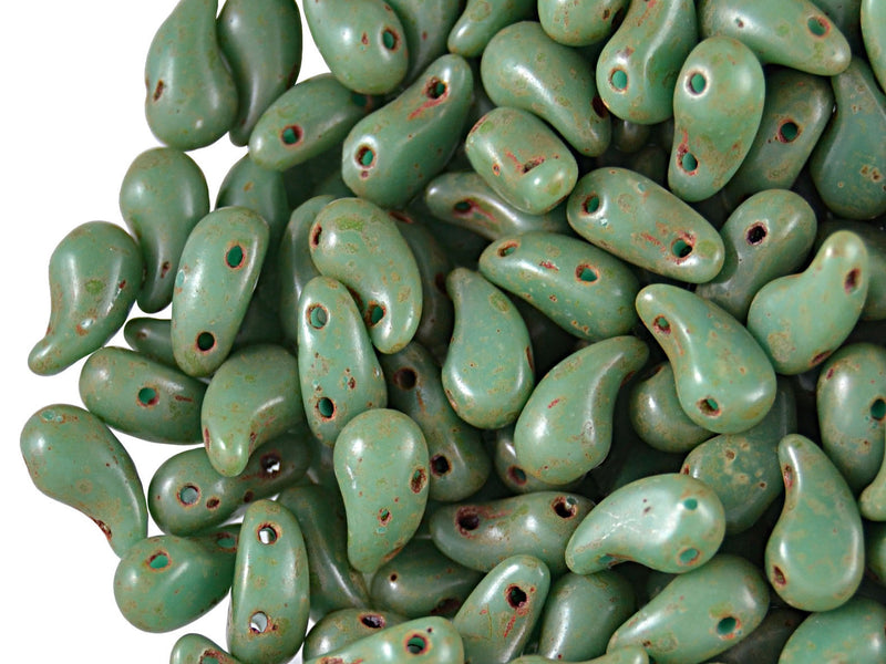 20 pcs 2-hole ZoliDuo® Left Pressed Beads, 5x8mm, Opaque Turquoise Green Travertine, Czech Glass