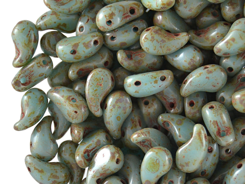 20 pcs 2-hole ZoliDuo® Left Pressed Beads, 5x8mm, Opaque Blue Turquoise Travertine Dark, Czech Glass