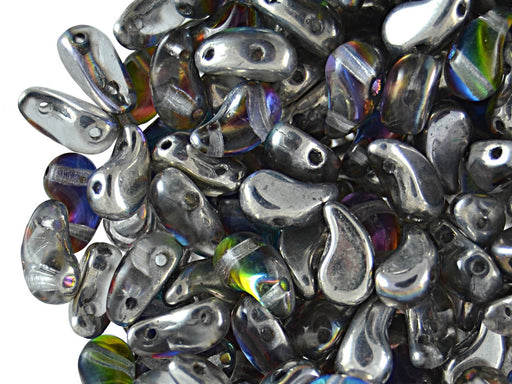 20 pcs 2-hole ZoliDuo® Left Pressed Beads, 5x8mm, Green Purple Vitrail, Czech Glass