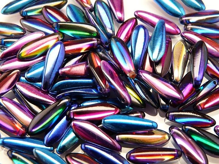 25 pcs Dagger Pressed Beads, 5x16mm, Magic Blue Pink, Czech Glass