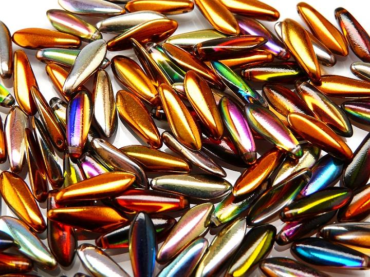 25 pcs Dagger Pressed Beads, 5x16mm, Magic Orange Gray, Czech Glass