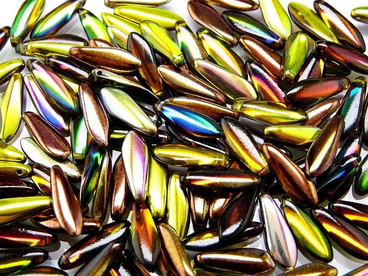 25 pcs Dagger Pressed Beads, 5x16mm, Magic Yellow Brown, Czech Glass