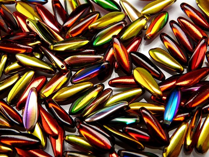 25 pcs Dagger Pressed Beads, 5x16mm, Magic Red Yellow, Czech Glass