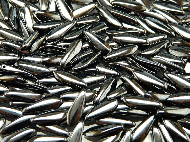 25 pcs Dagger Pressed Beads, 5x16mm, Jet Hematite (Gray), Czech Glass
