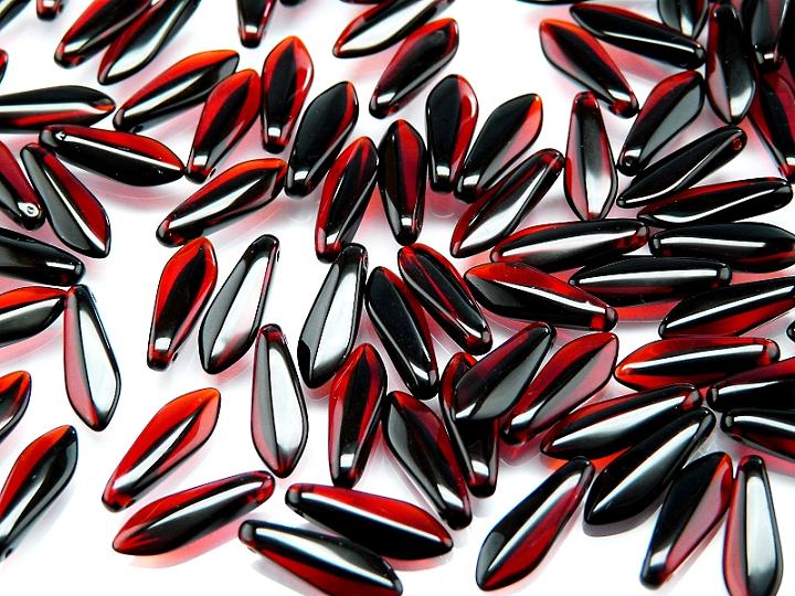 25 pcs Dagger Pressed Beads, 5x16mm, Jet Combi Ruby, Czech Glass