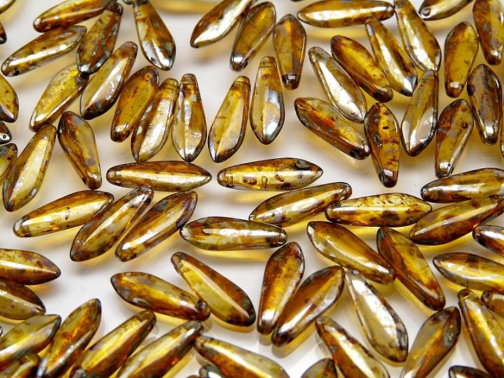 25 pcs Dagger Pressed Beads, 5x16mm, Crystal Picasso, Czech Glass
