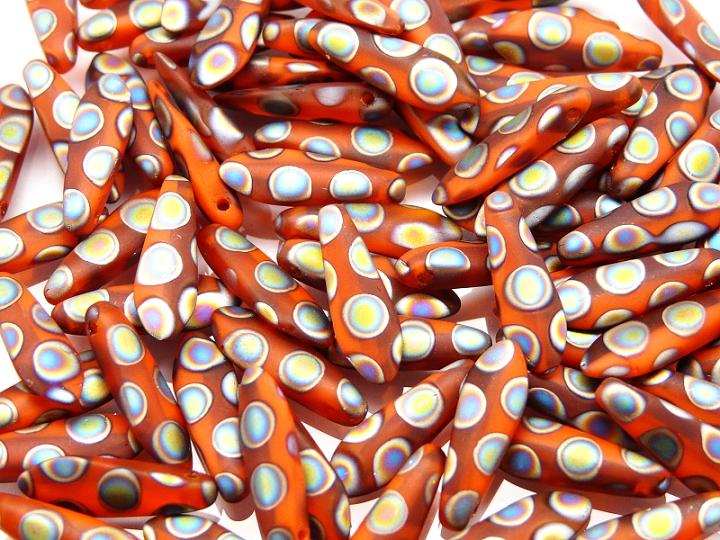25 pcs Dagger Pressed Beads, 5x16mm, Opaque Red Orange Circle Vitrail Matte, Czech Glass