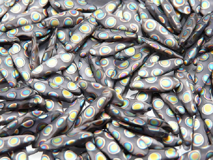 25 pcs Dagger Pressed Beads, 5x16mm, Lilac Circle Vitrail Matte, Czech Glass