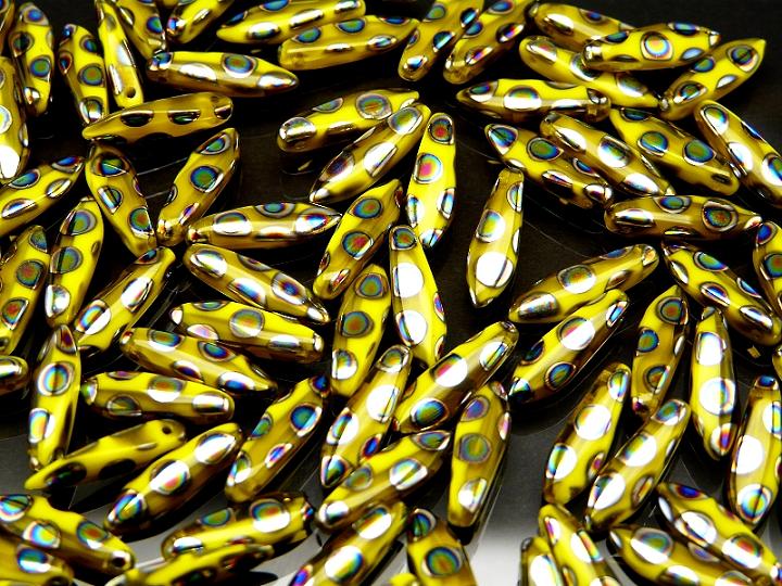 25 pcs Dagger Pressed Beads, 5x16mm, Yellow Dark Circle Vitrail, Czech Glass