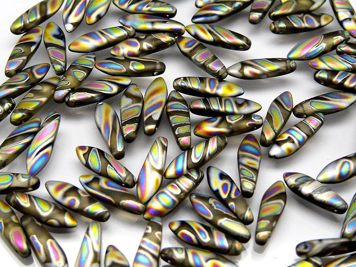 25 pcs Dagger Pressed Beads, 5x16mm, Topaz Zebra Vitrail Matte, Czech Glass