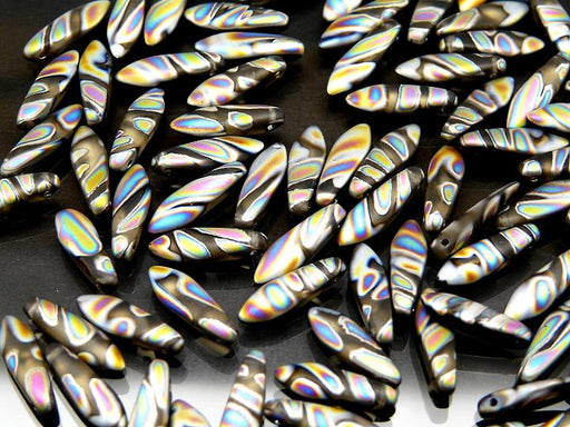 25 pcs Dagger Pressed Beads, 5x16mm, Topaz Zebra Vitrail Matte, Czech Glass