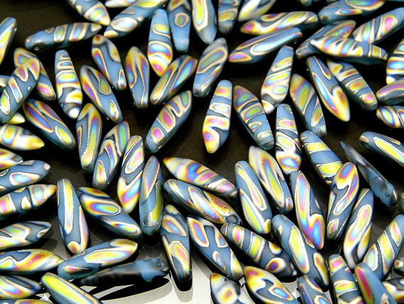 25 pcs Dagger Pressed Beads, 5x16mm, Opaque Aqua Zebra Vitral Matte, Czech Glass