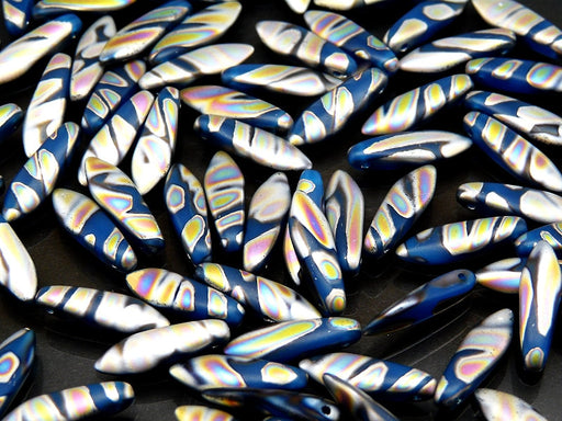 25 pcs Dagger Pressed Beads, 5x16mm, Alabaster Aqua Zebra Vitrail Matte, Czech Glass