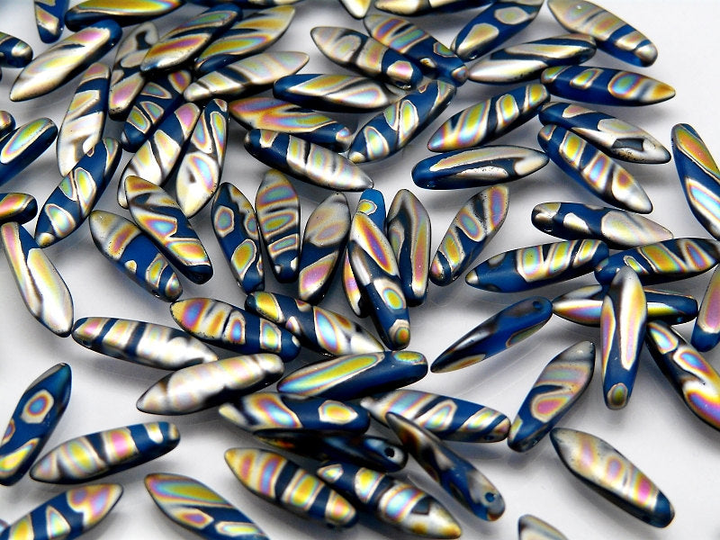 25 pcs Dagger Pressed Beads, 5x16mm, Alabaster Aqua Zebra Vitrail Matte, Czech Glass