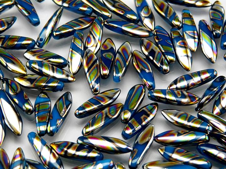 25 pcs Dagger Pressed Beads, 5x16mm, Alabaster Aqua Zebra Vitrail, Czech Glass