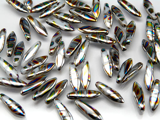 25 pcs Dagger Pressed Beads, 5x16mm, Chalk Zebra Vitrail, Czech Glass