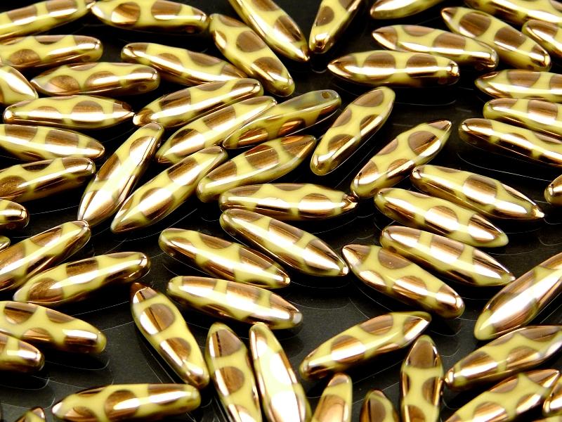 25 pcs Dagger Pressed Beads, 5x16mm, Beige Circle Copper, Czech Glass