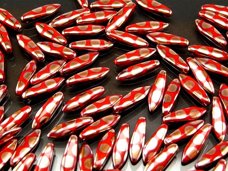25 pcs Dagger Pressed Beads, 5x16mm, Coral Red Circle Copper, Czech Glass