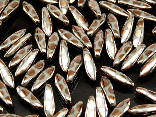 25 pcs Dagger Pressed Beads, 5x16mm, Opaque Gray Circle Copper, Czech Glass