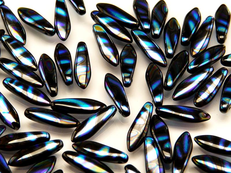 25 pcs Dagger Pressed Beads, 5x16mm, Jet Zebra AB, Czech Glass