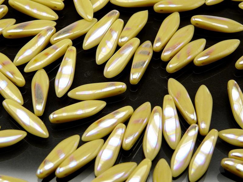 25 pcs Dagger Pressed Beads, 5x16mm, Opaque Beige Zebra AB, Czech Glass