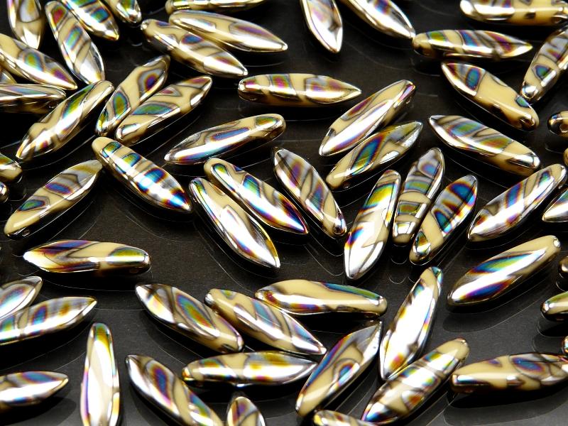 25 pcs Dagger Pressed Beads, 5x16mm, Opaque Beige Zebra Vitrail, Czech Glass