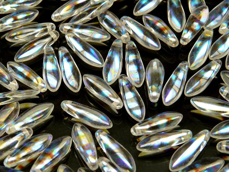 25 pcs Dagger Pressed Beads, 5x16mm, Crystal Zebra AB, Czech Glass