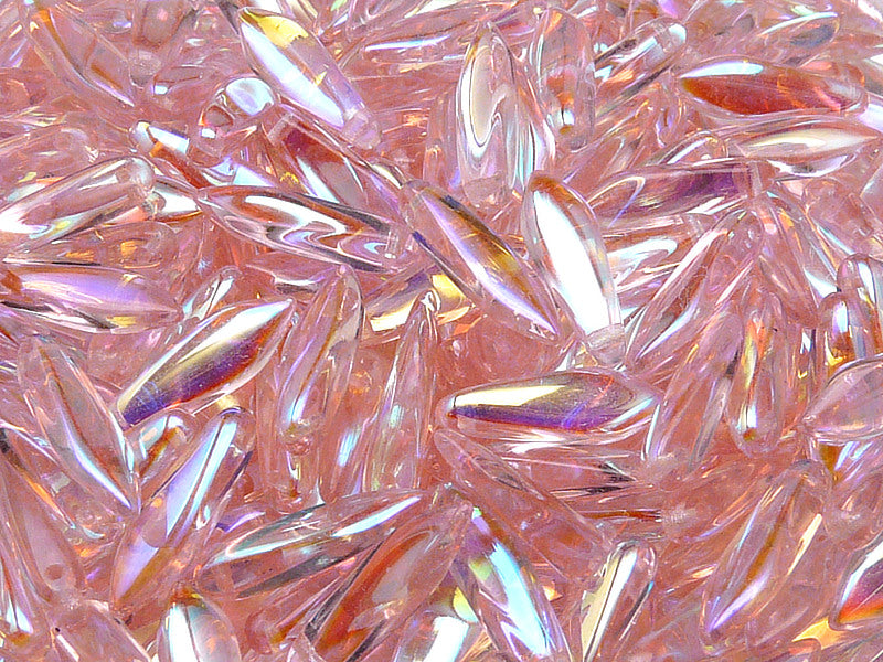 50 pcs Dagger Pressed Beads, 5x16mm, Rosaline AB, Czech Glass