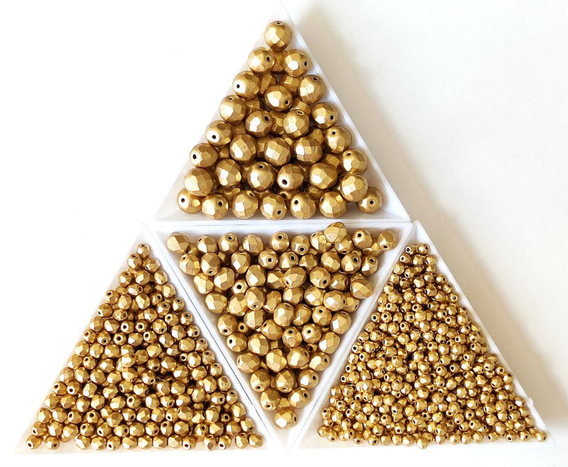 Set of Round Fire Polished Beads (3mm, 4mm, 6mm, 8mm), Aztec Gold (Crystal Bronze Pale Gold), Czech Glass
