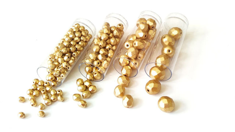 Set of Round Fire Polished Beads (3mm, 4mm, 6mm, 8mm), Aztec Gold (Crystal Bronze Pale Gold), Czech Glass