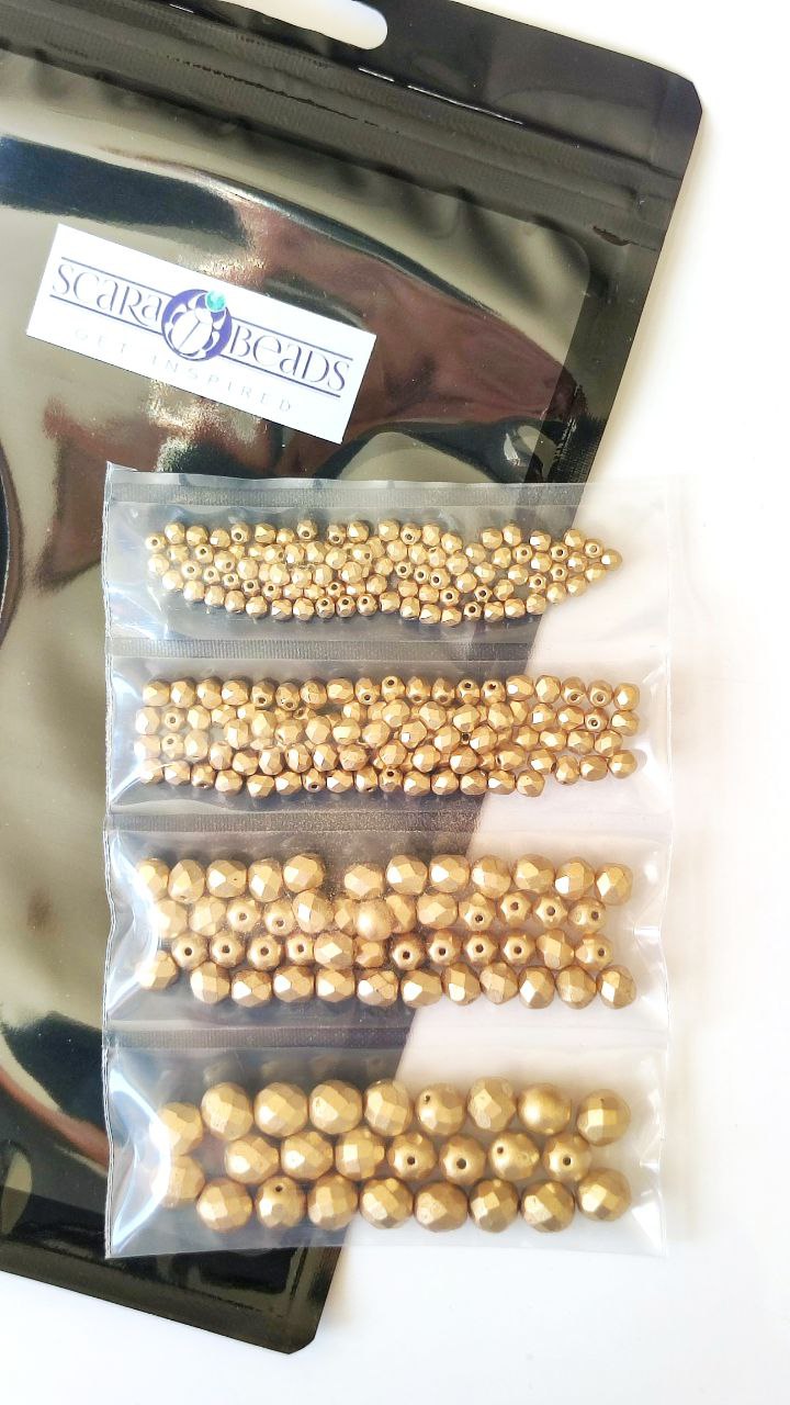 Set of Round Fire Polished Beads (3mm, 4mm, 6mm, 8mm), Aztec Gold (Crystal Bronze Pale Gold), Czech Glass