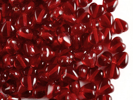 50 pcs Heart Pressed Beads, 6mm, Ruby Transparent, Czech Glass