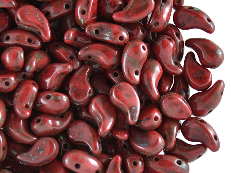 20 pcs 2-hole ZoliDuo® Right Pressed Beads, 5x8mm, Opaque Coral Travertine Dark, Czech Glass